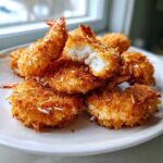 A pile of perfectly golden brown, crispy coconut shrimp, with one piece broken open showing the white shrimp meat inside.