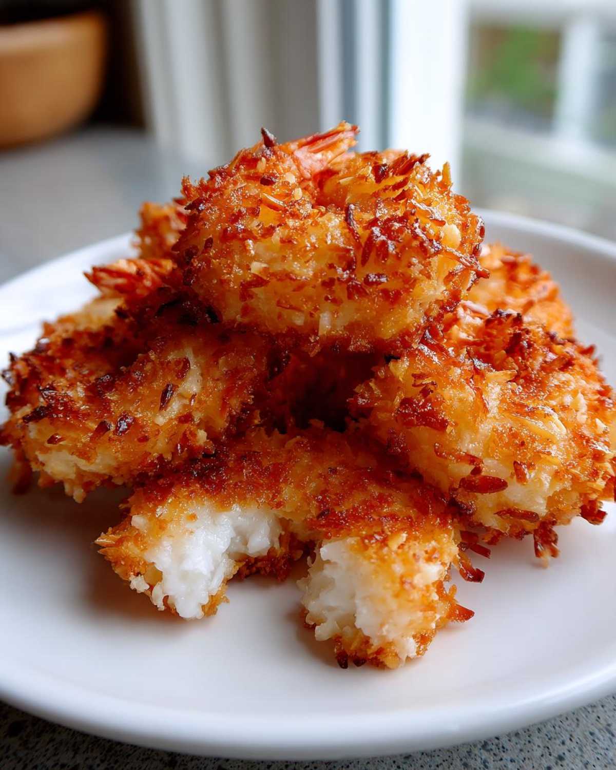Close-up of golden brown, crispy coconut shrimp piled on a white plate, showing the white interior of one broken piece.