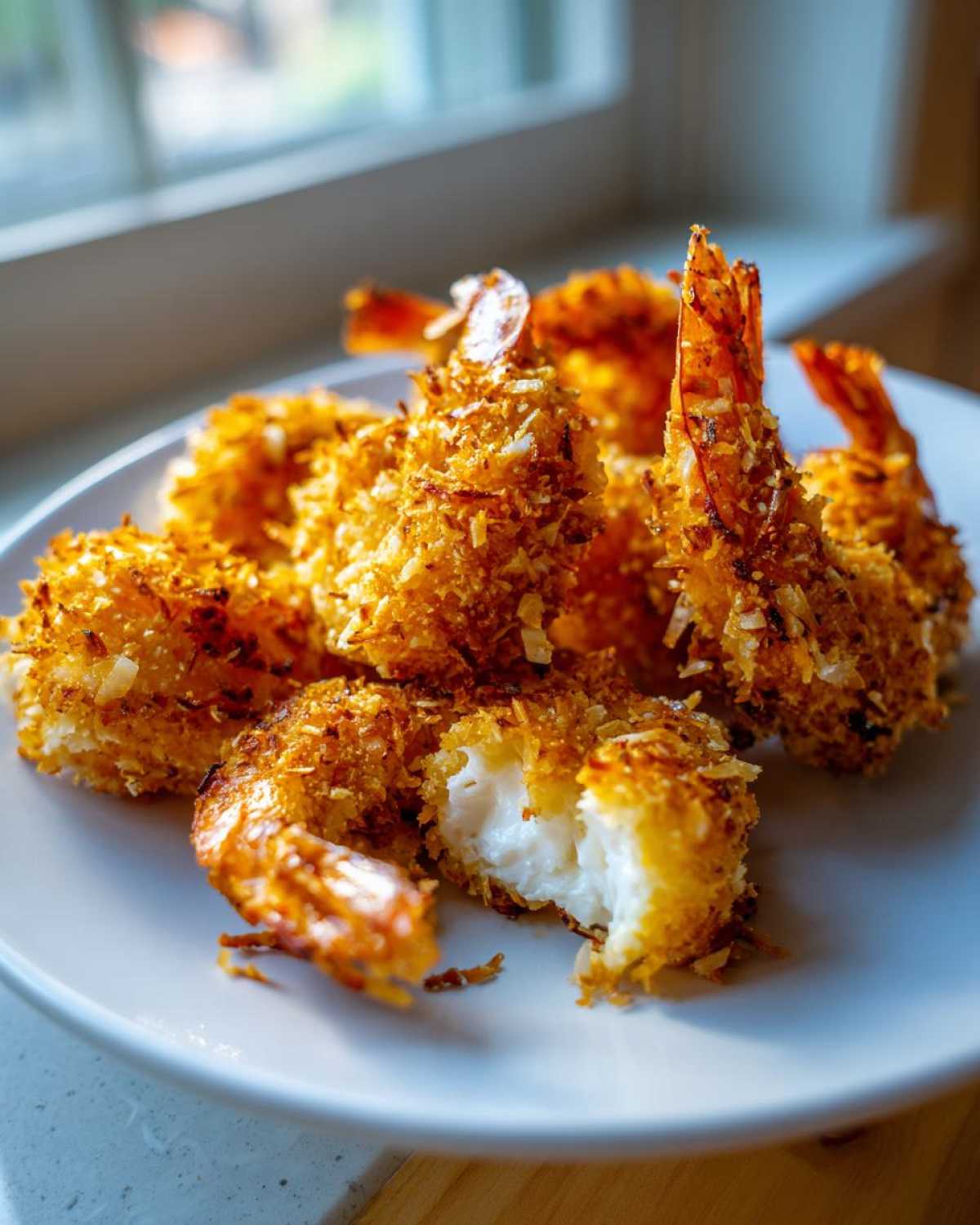 Close-up of golden brown, crispy coconut shrimp piled on a white plate, one piece is broken open showing the white shrimp meat.