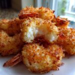 A close-up of golden brown, crispy coconut shrimp piled on a white plate, showing the white shrimp meat inside one piece.