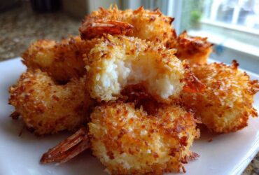 A close-up of golden brown, crispy coconut shrimp piled on a white plate, showing the white shrimp meat inside one piece.