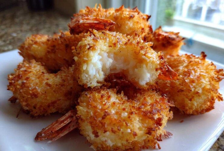 A close-up of golden brown, crispy coconut shrimp piled on a white plate, showing the white shrimp meat inside one piece.