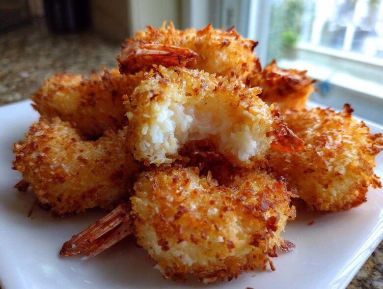 A close-up of golden brown, crispy coconut shrimp piled on a white plate, showing the white shrimp meat inside one piece.