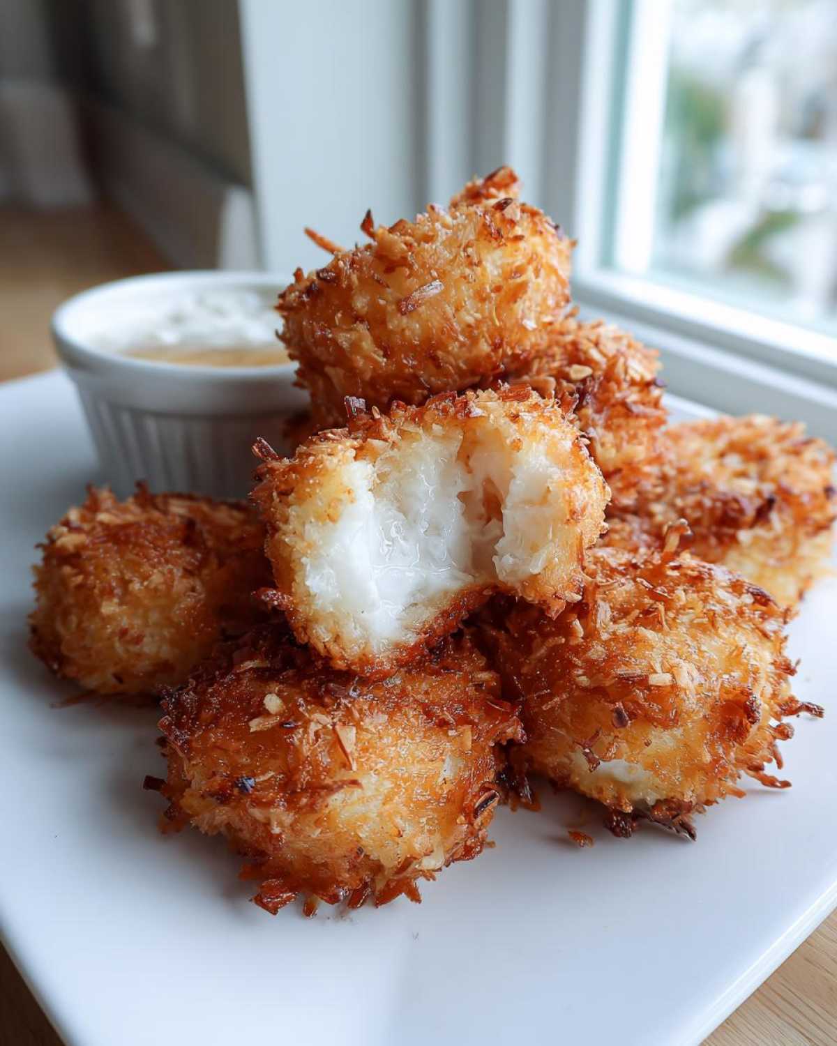 A stack of golden brown, crispy coconut shrimp on a white plate, one broken open showing the white shrimp inside.