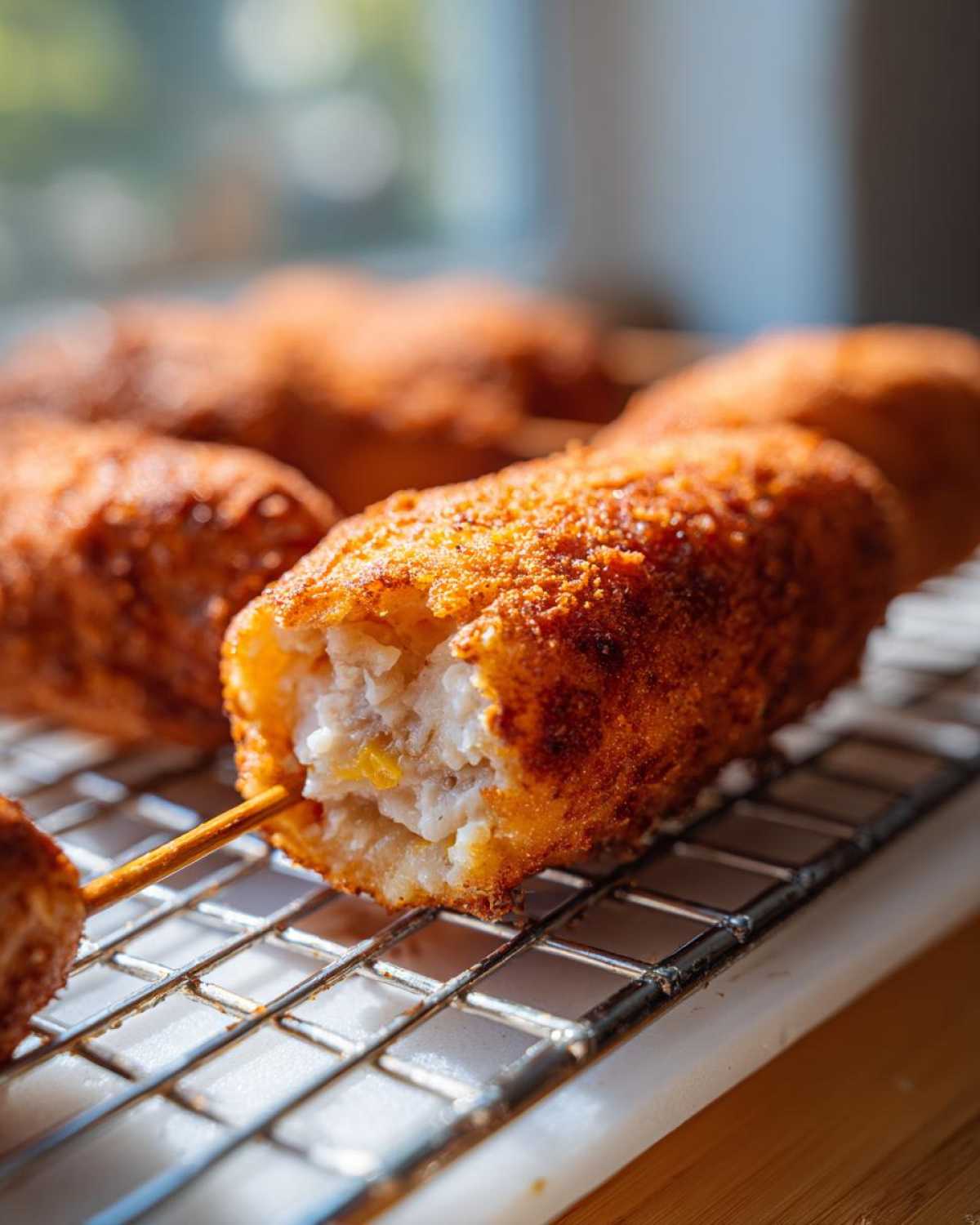 Close-up of a crispy, golden-brown corn dog on a wire rack with a bite revealing the filling.