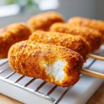 Close-up of a freshly fried, crispy corn dog on a stick, showing the white interior after a bite has been taken.