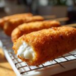 Close-up of a crispy, golden-brown corn dog with a bite taken out showing a melted white filling, resting on a wire rack.