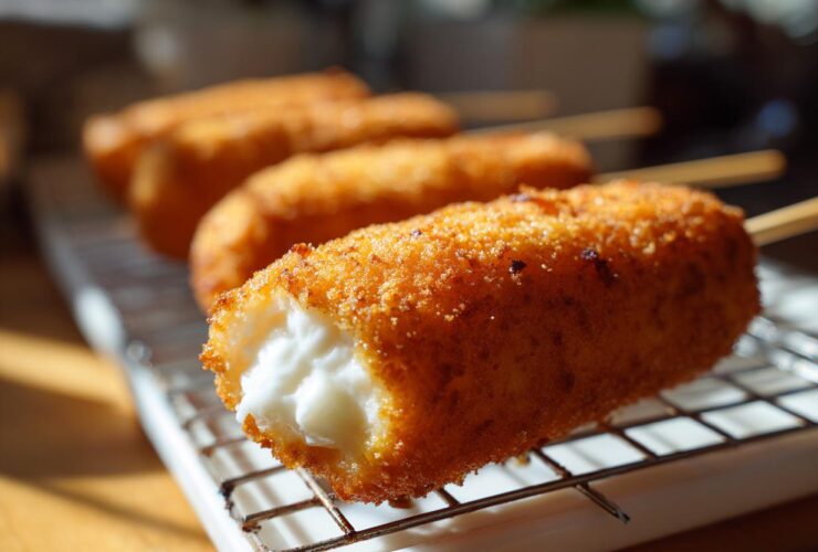 Close-up of a crispy, golden-brown corn dog with a bite taken out showing a melted white filling, resting on a wire rack.