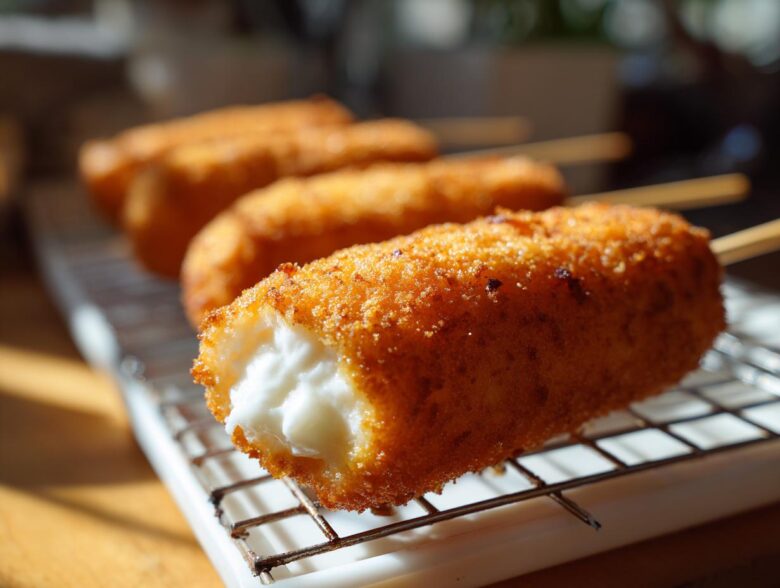 Close-up of a crispy, golden-brown corn dog with a bite taken out showing a melted white filling, resting on a wire rack.