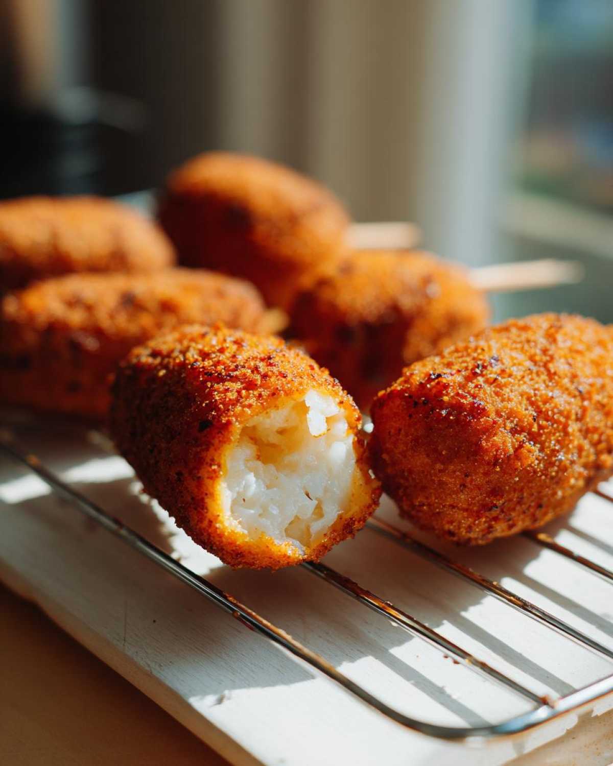 Close-up of a crispy corn dogs snack cut open showing the white rice filling, resting on a wire rack.