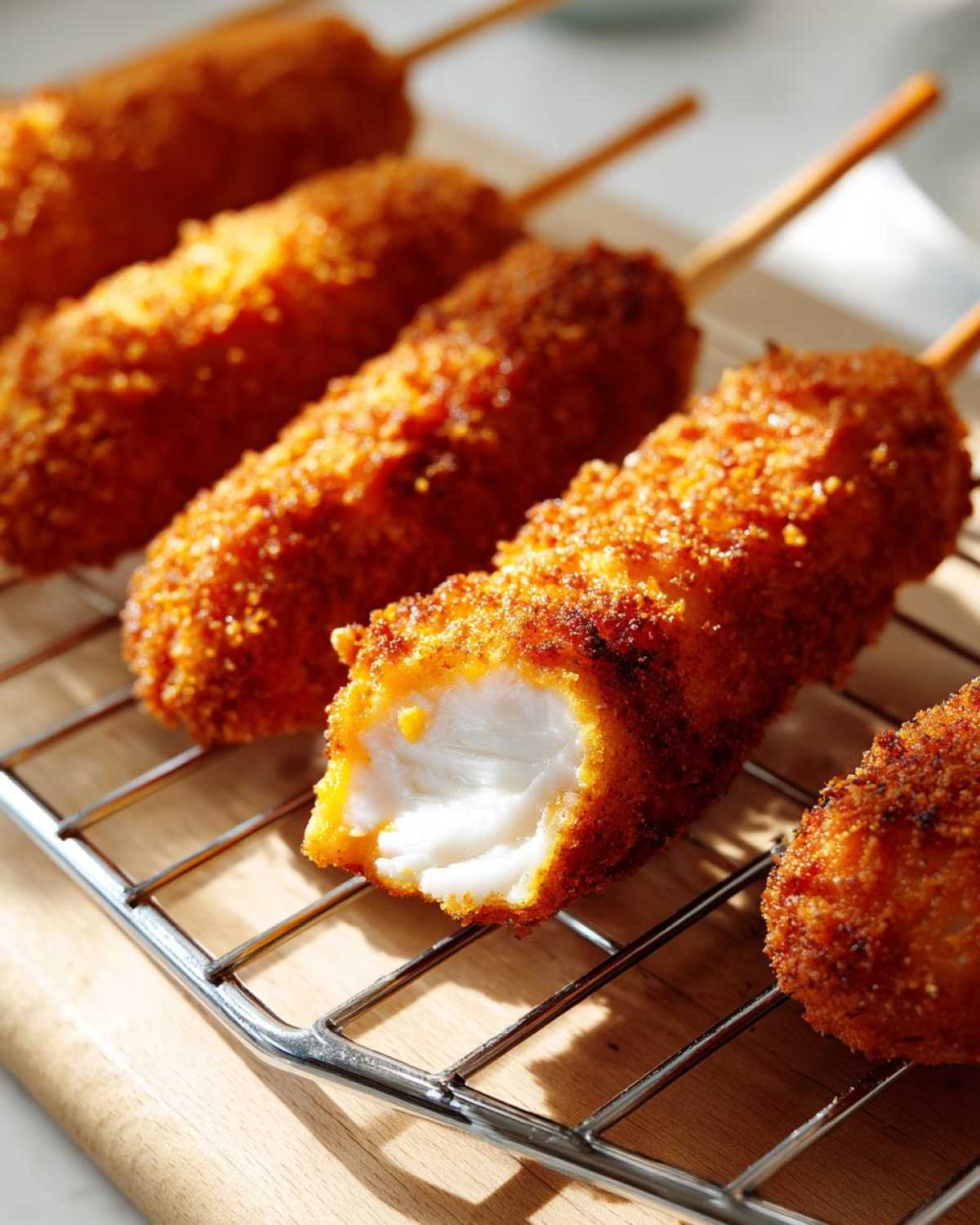 Close-up of crispy, deep-fried corn dogs on a wire rack, one cut open revealing white fish inside.