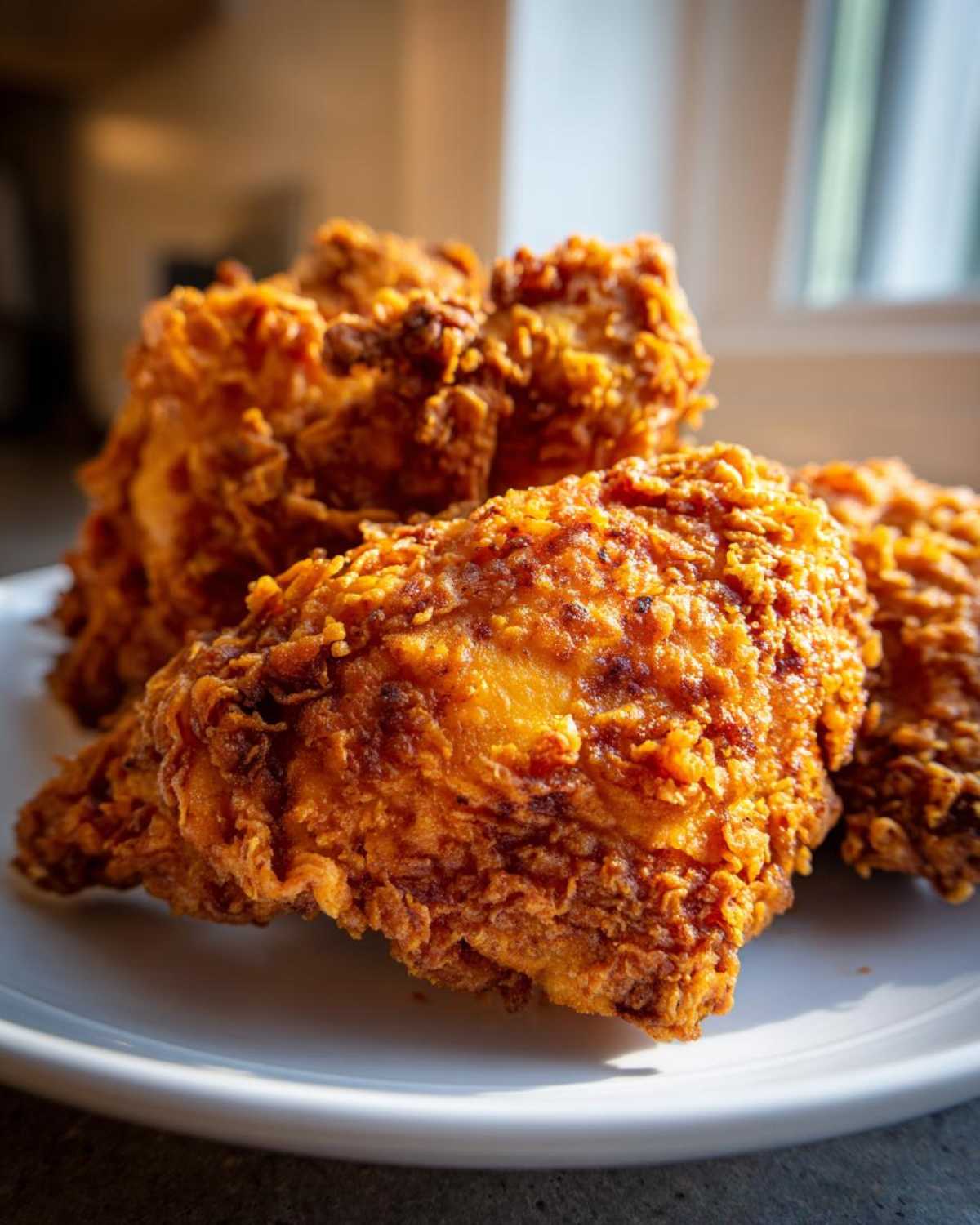 Close-up of several pieces of incredibly crispy, golden brown fried chicken piled on a white plate.