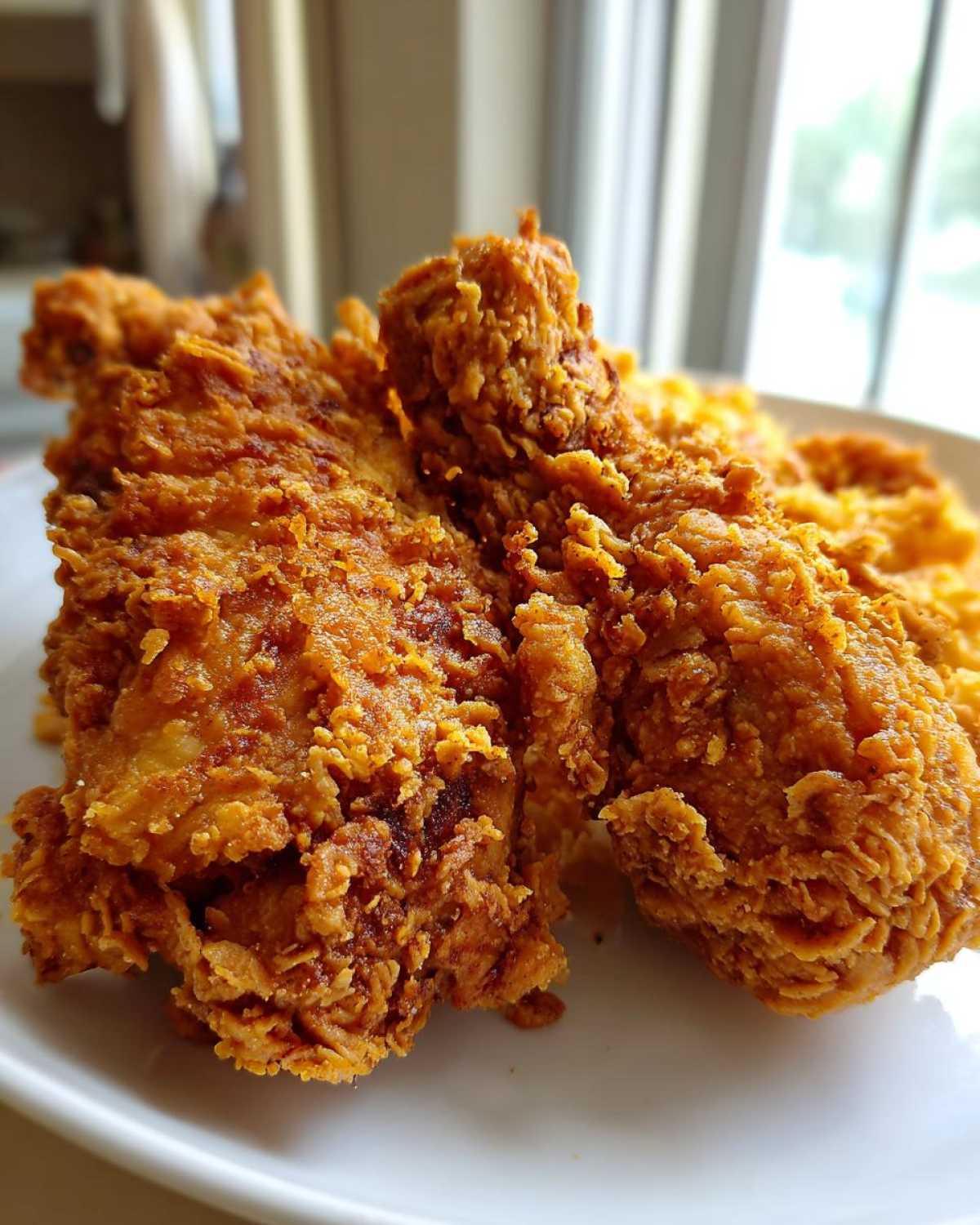 Close-up of perfectly cooked, crispy golden fried chicken pieces resting on a white plate.