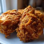 Close-up of golden brown, crispy fried chicken pieces served on a white plate.