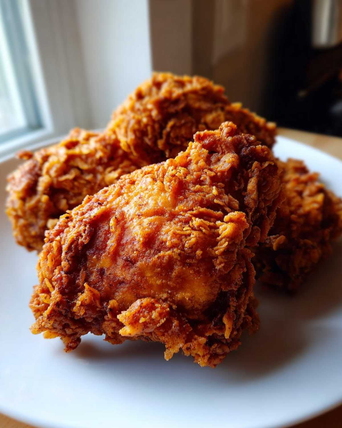 Close-up of several pieces of perfectly cooked, crispy fried chicken piled on a white plate.