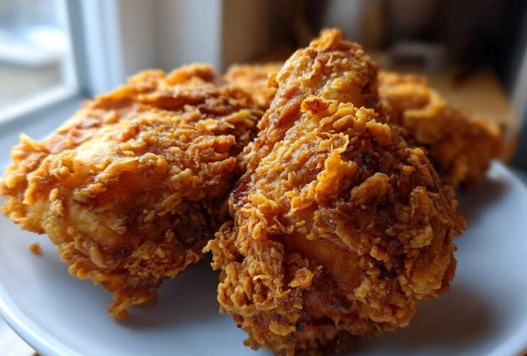 Close-up of golden brown, crispy fried chicken pieces served on a white plate.