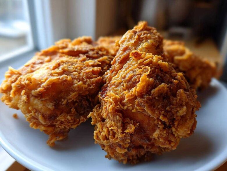 Close-up of golden brown, crispy fried chicken pieces served on a white plate.