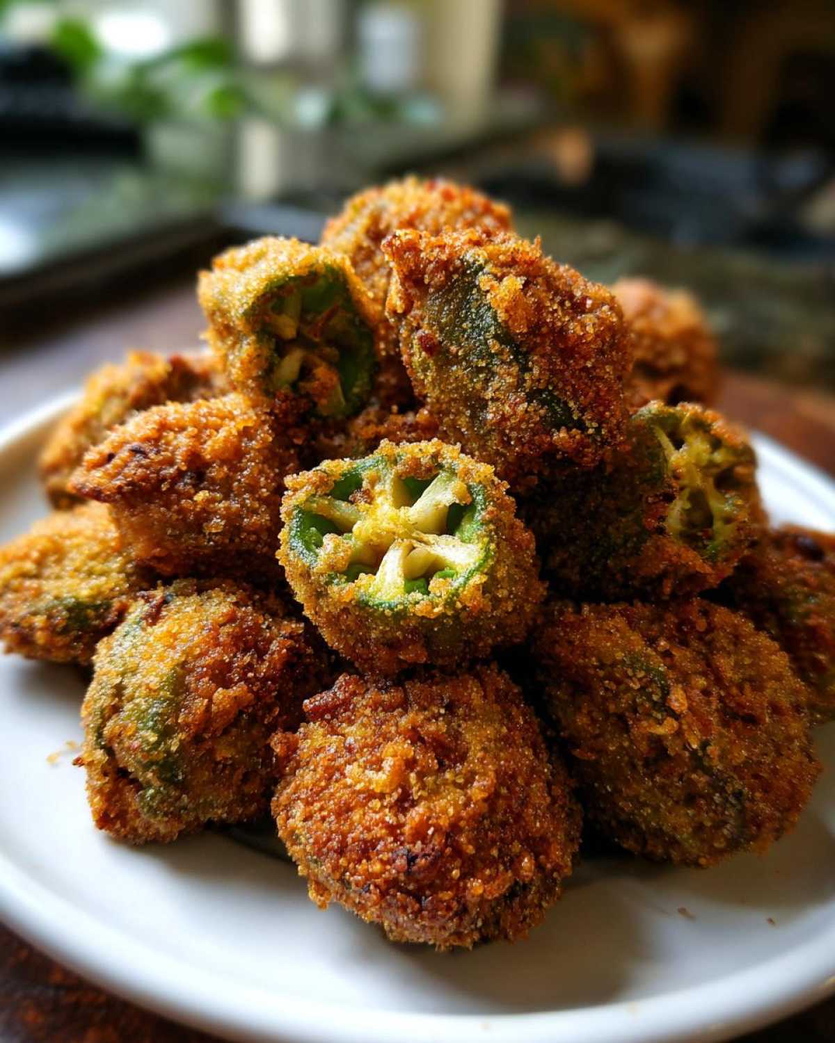 Close-up of a mound of golden brown, crispy fried okra pieces piled high on a white plate.