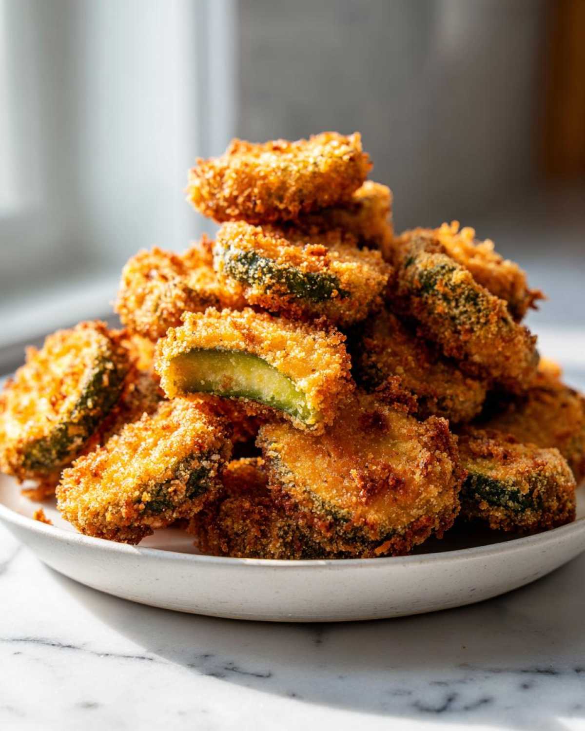 A tall stack of golden brown, crispy Fried Pickles piled high on a white plate, showing the green interior of one cut piece.