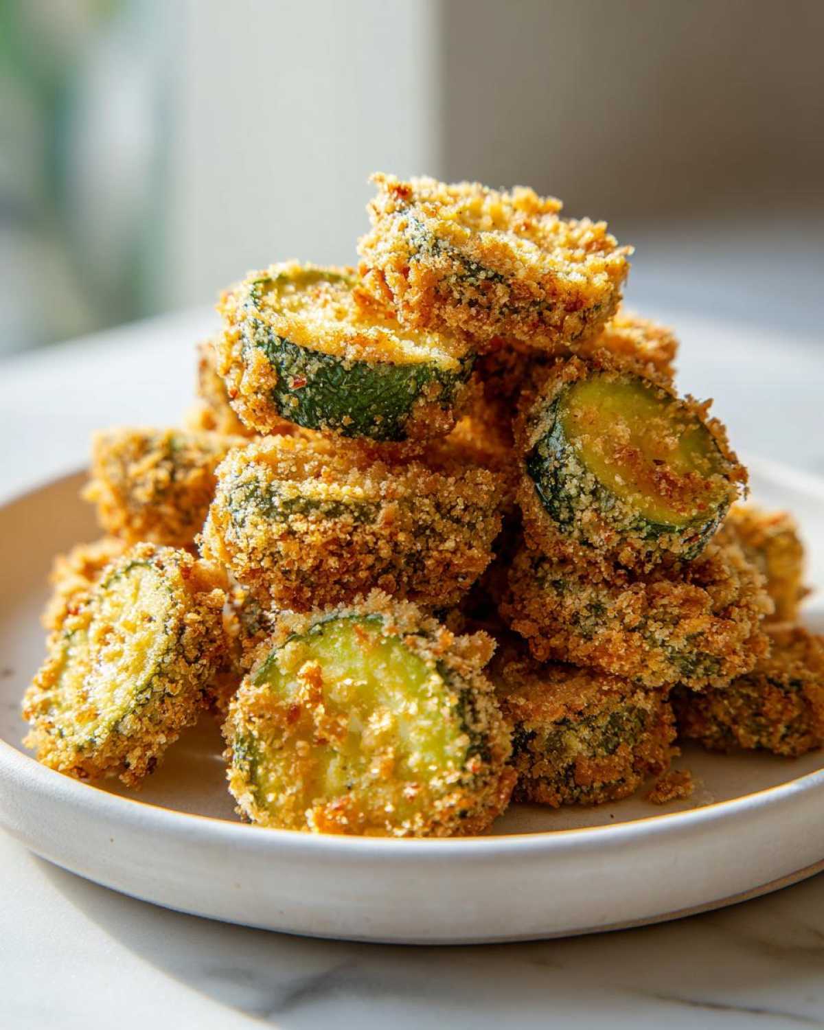 A tall stack of perfectly golden, crunchy Fried Pickles slices piled high on a white plate.