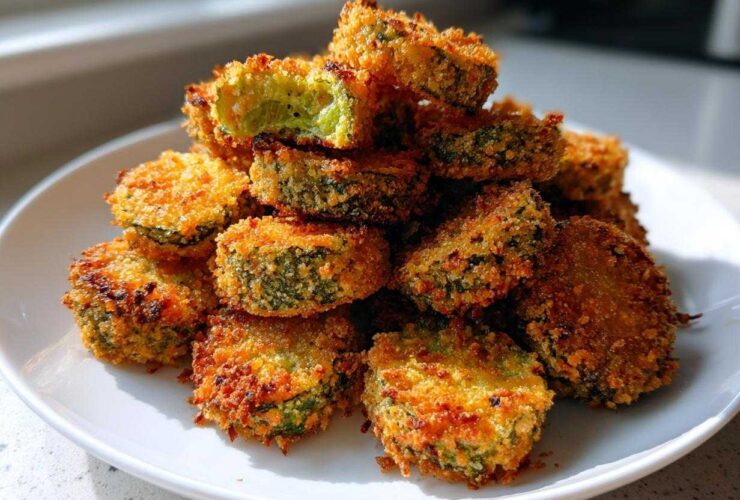 A close-up of a tall stack of golden brown, crunchy Fried Pickles on a white plate.