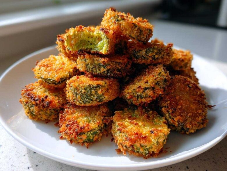 A close-up of a tall stack of golden brown, crunchy Fried Pickles on a white plate.