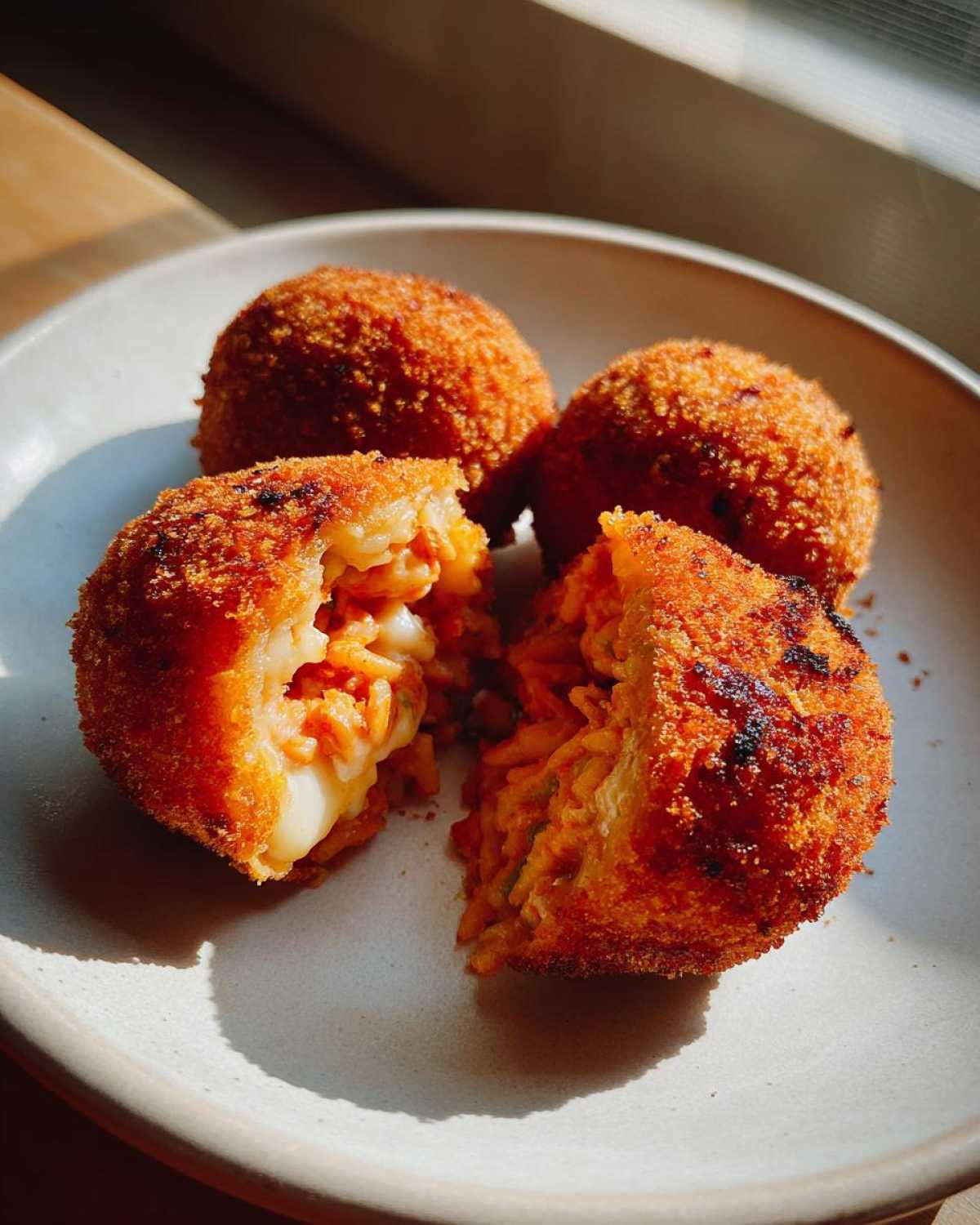 Close-up of crispy fried rice balls, one cut open revealing melted cheese inside the seasoned rice.