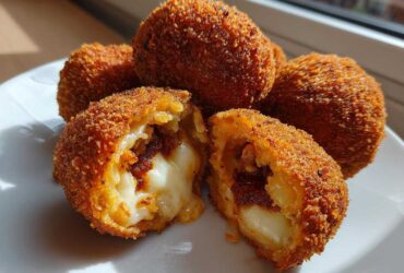 Close-up of crispy fried rice balls, one cut open revealing melted cheese and filling.