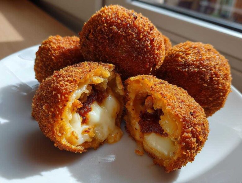 Close-up of crispy fried rice balls, one cut open revealing melted cheese and filling.