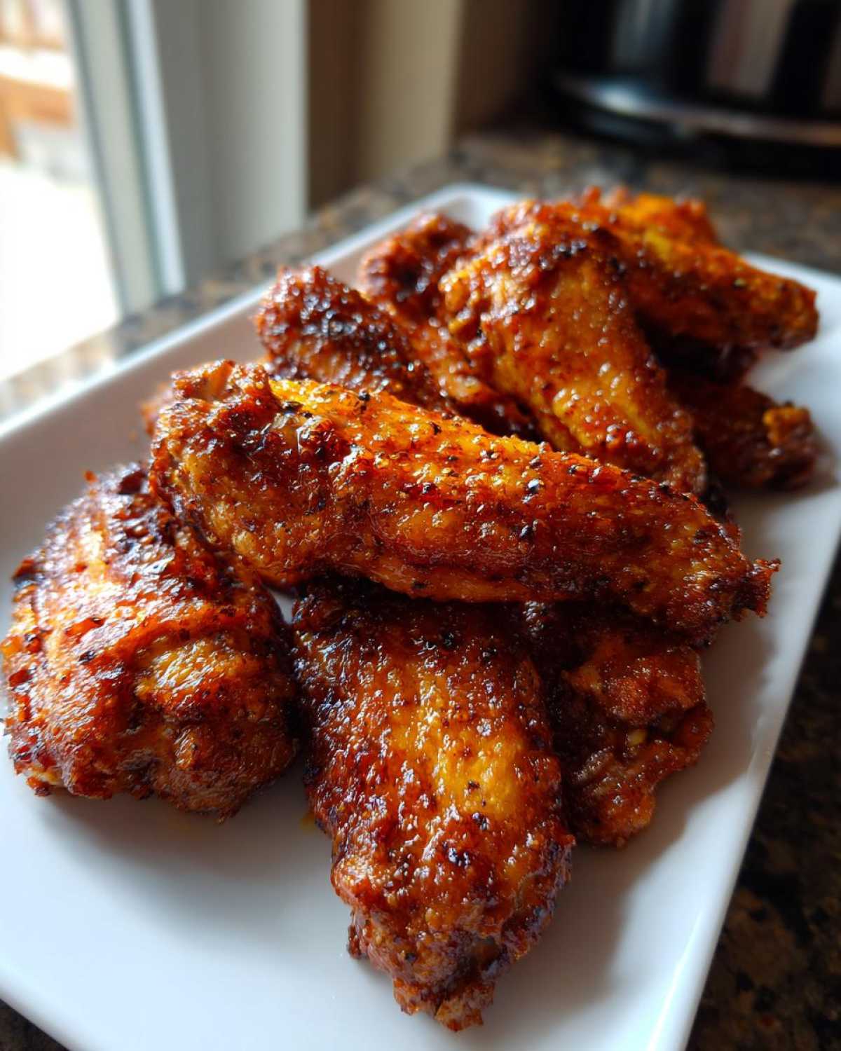 Close-up of several perfectly cooked, crispy chicken wings coated in a dark, savory glaze on a white serving plate.