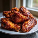 A pile of perfectly cooked, crispy, and glazed chicken wings served on a white plate.