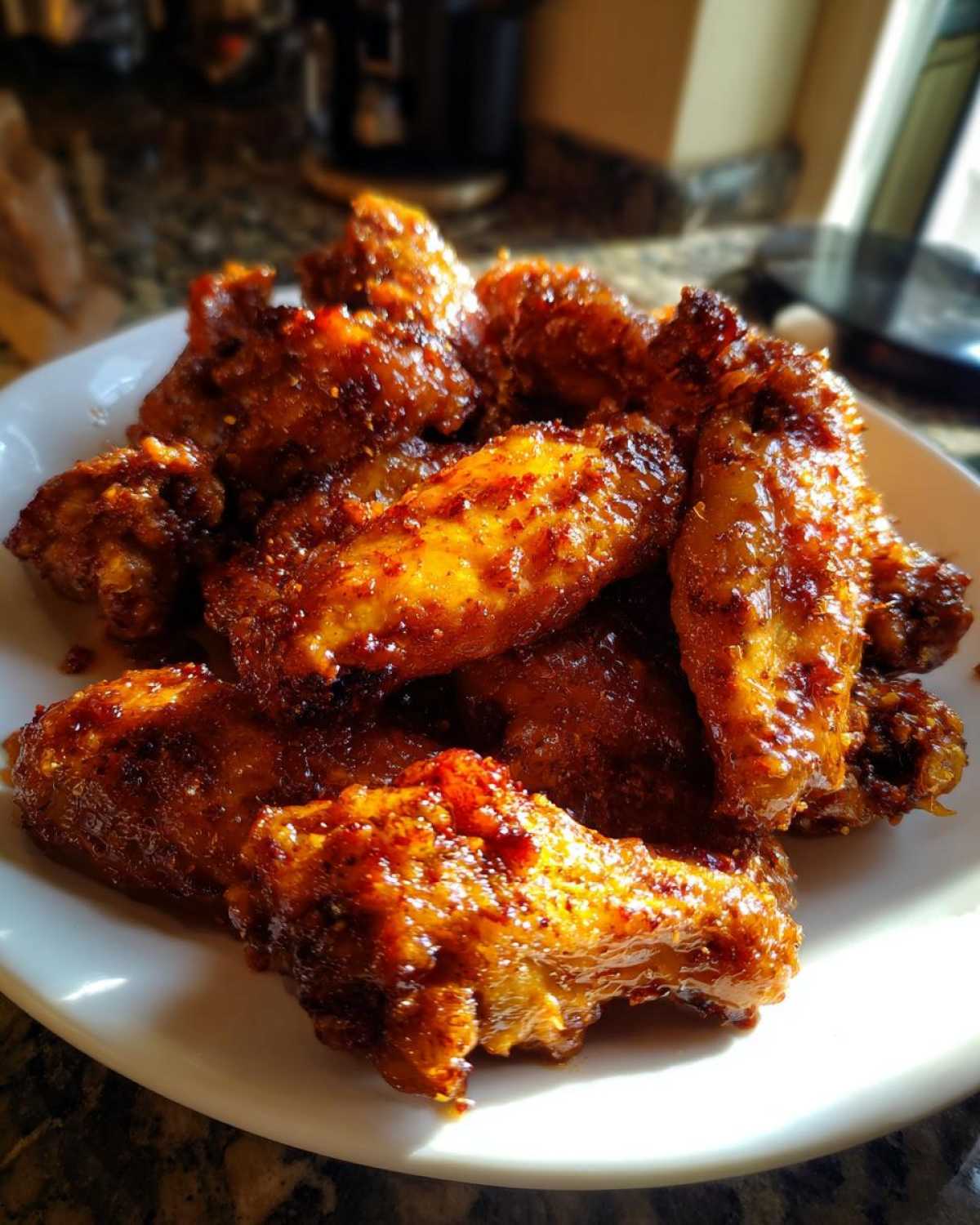 Close-up of perfectly glazed and crispy chicken wings piled high on a white plate.