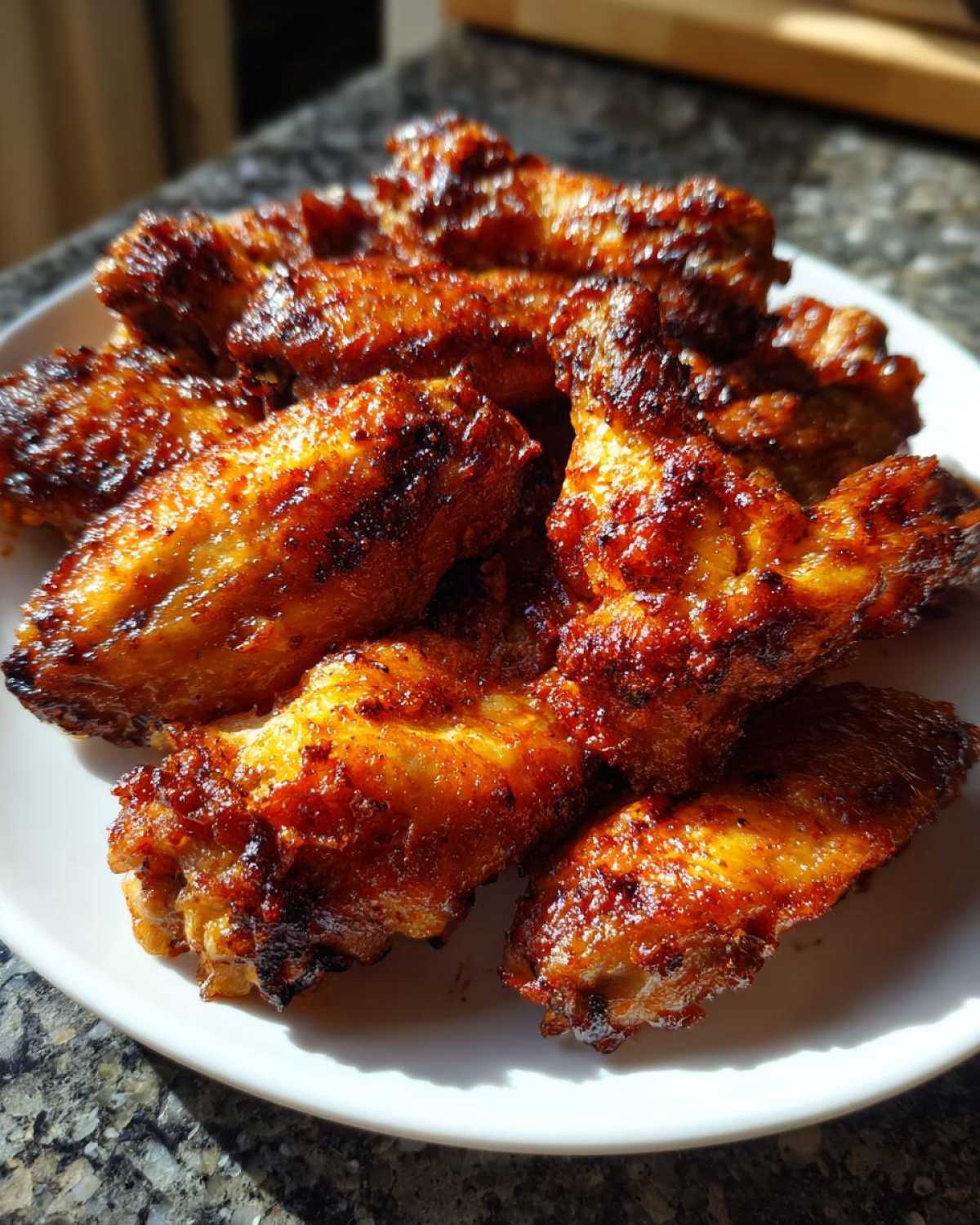 Close-up of several perfectly cooked, crispy chicken wings with a rich glaze piled on a white plate.