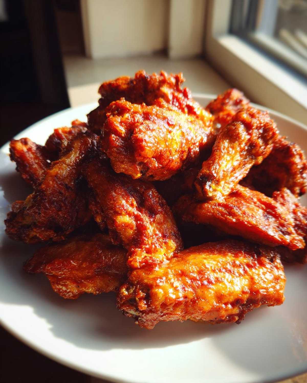 A close-up shot of a pile of perfectly cooked, crispy, and glazed chicken wings served on a white plate.