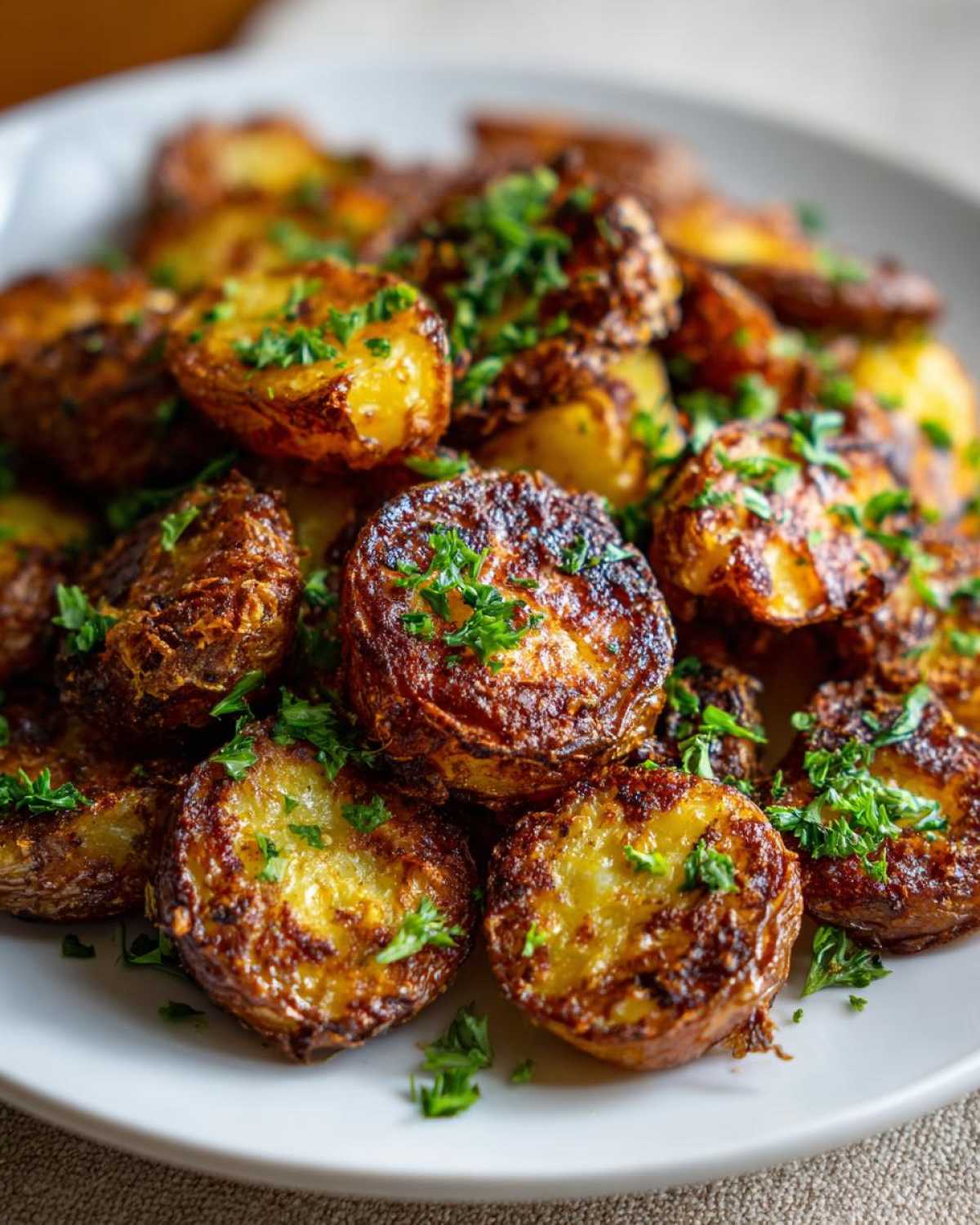 Close-up of crispy, golden-brown breakfast potatoes, seasoned and topped with fresh chopped parsley.
