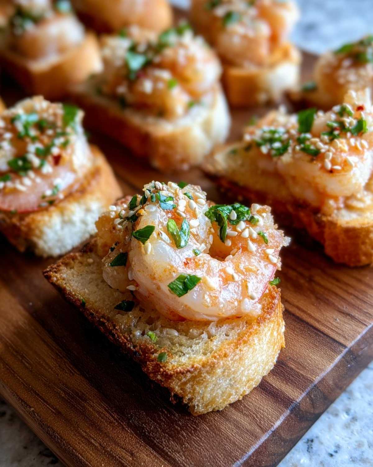 Close-up of crispy shrimp toast topped with a seasoned shrimp, sesame seeds, and fresh herbs.