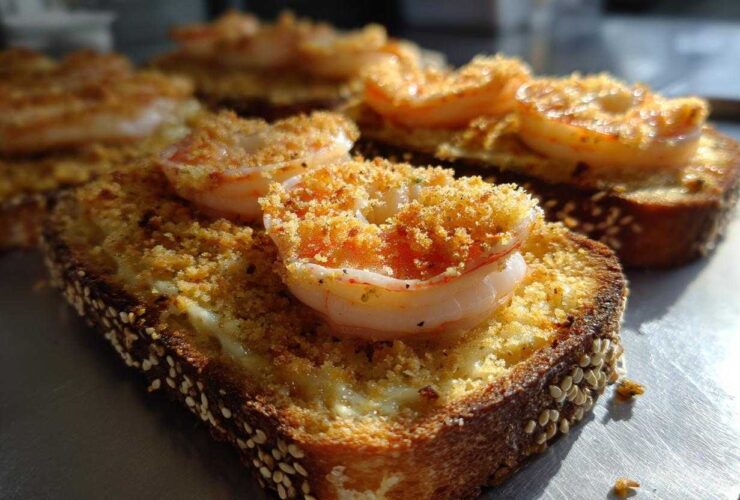 Close-up of crispy shrimp toast topped with a perfectly cooked shrimp and golden breadcrumbs.
