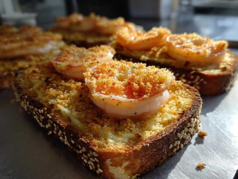 Close-up of crispy shrimp toast topped with a perfectly cooked shrimp and golden breadcrumbs.