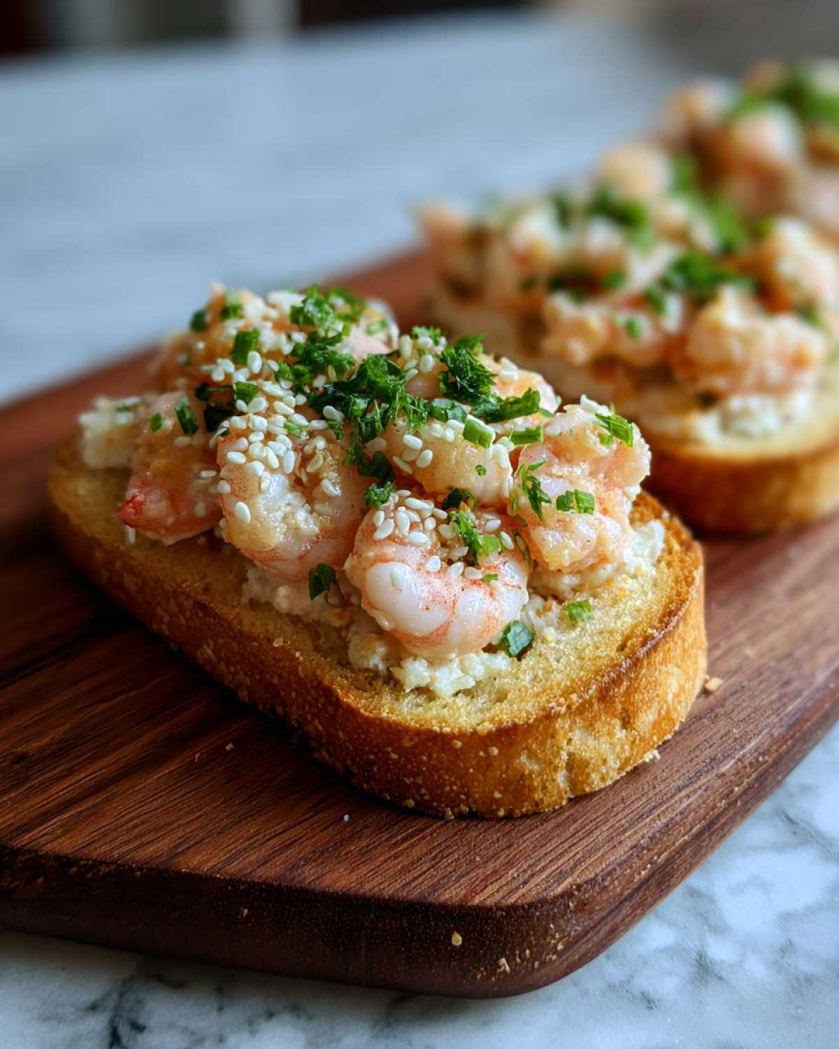Close-up of a piece of crispy shrimp toast topped with creamy shrimp mixture, sesame seeds, and fresh parsley.