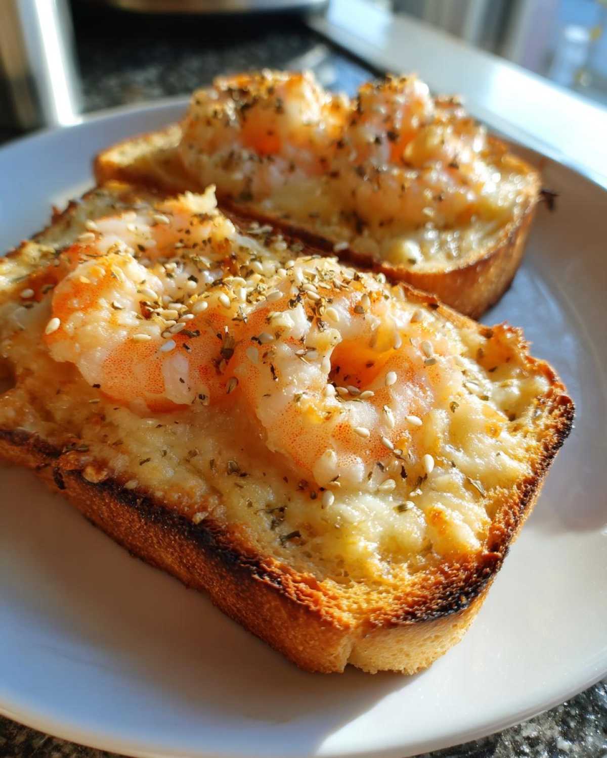 Two slices of crispy shrimp toast topped with melted cheese, shrimp, and sprinkled with sesame seeds and herbs.
