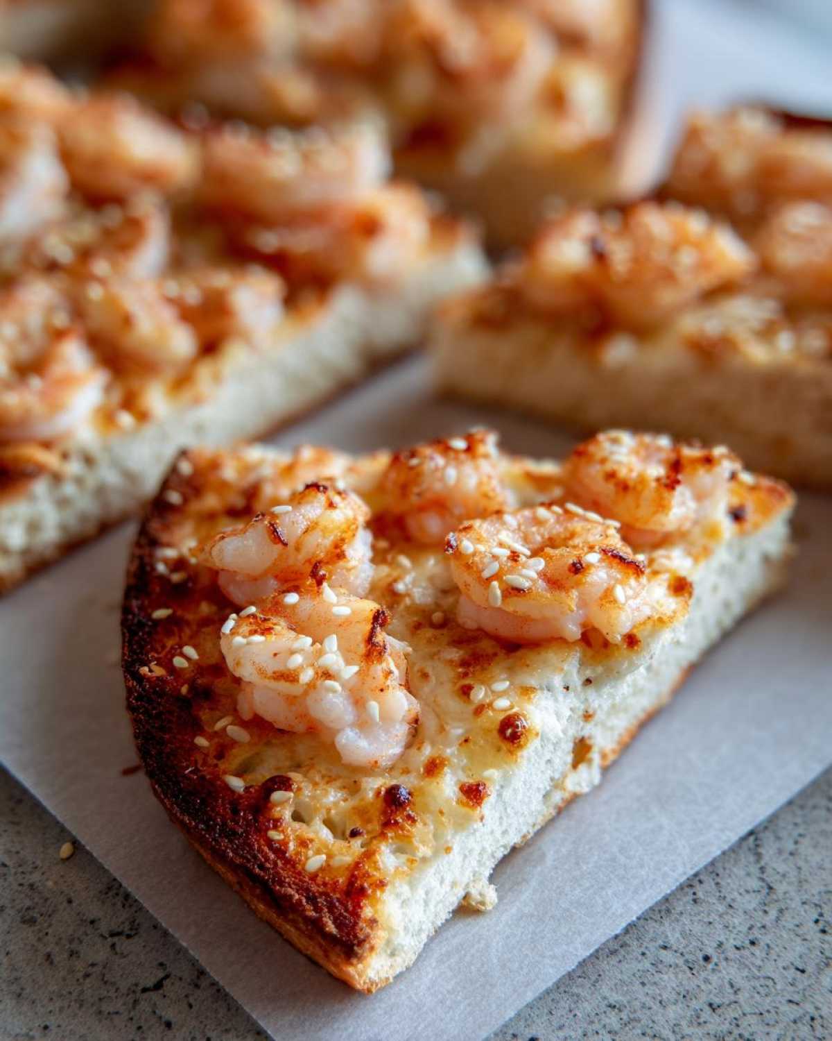 Close-up of a crispy slice of shrimp toast topped with cooked shrimp and sesame seeds.