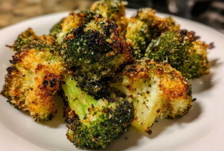 Close-up of perfectly cooked smashed broccoli florets with a crispy, golden-brown, seasoned coating.