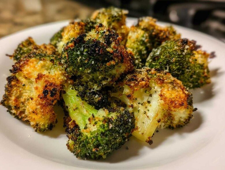 Close-up of perfectly cooked smashed broccoli florets with a crispy, golden-brown, seasoned coating.