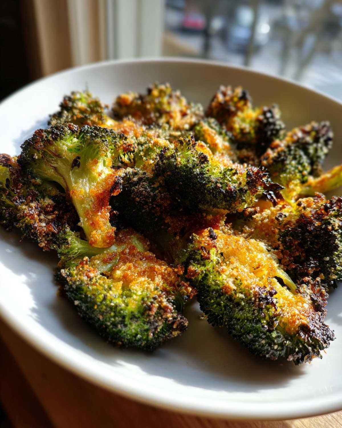 Close-up of perfectly roasted, crispy smashed broccoli florets topped with golden brown seasoning in a white bowl.