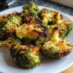 Close-up of crispy, golden-brown smashed broccoli florets with a breadcrumb topping served on a white plate.