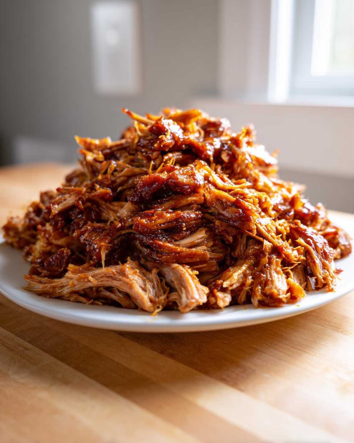 A large mound of saucy, shredded crock pot pulled pork piled high on a white plate.