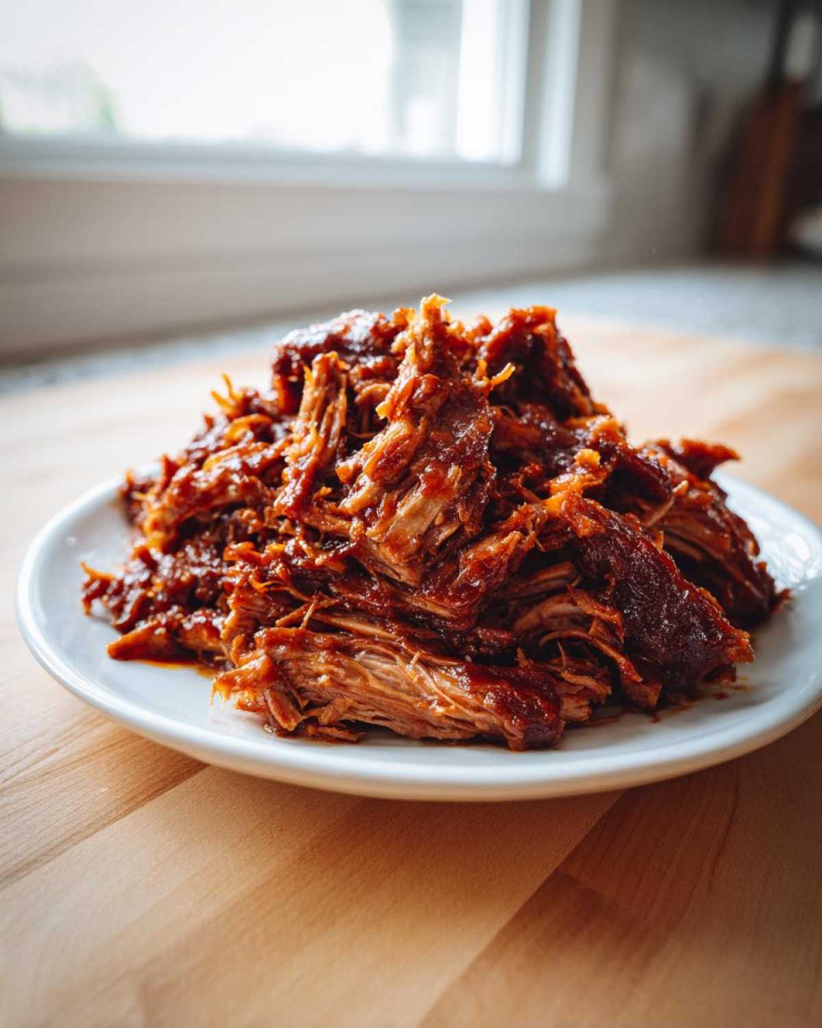 A close-up of a generous mound of saucy, shredded crock pot pulled pork served on a white plate.