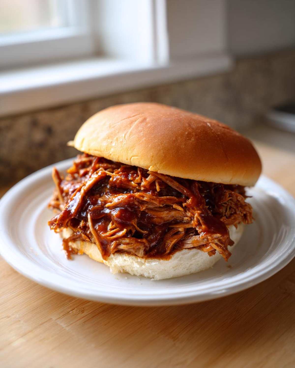 A juicy sandwich piled high with saucy crock pot pulled pork on a soft white bun, served on a white plate.
