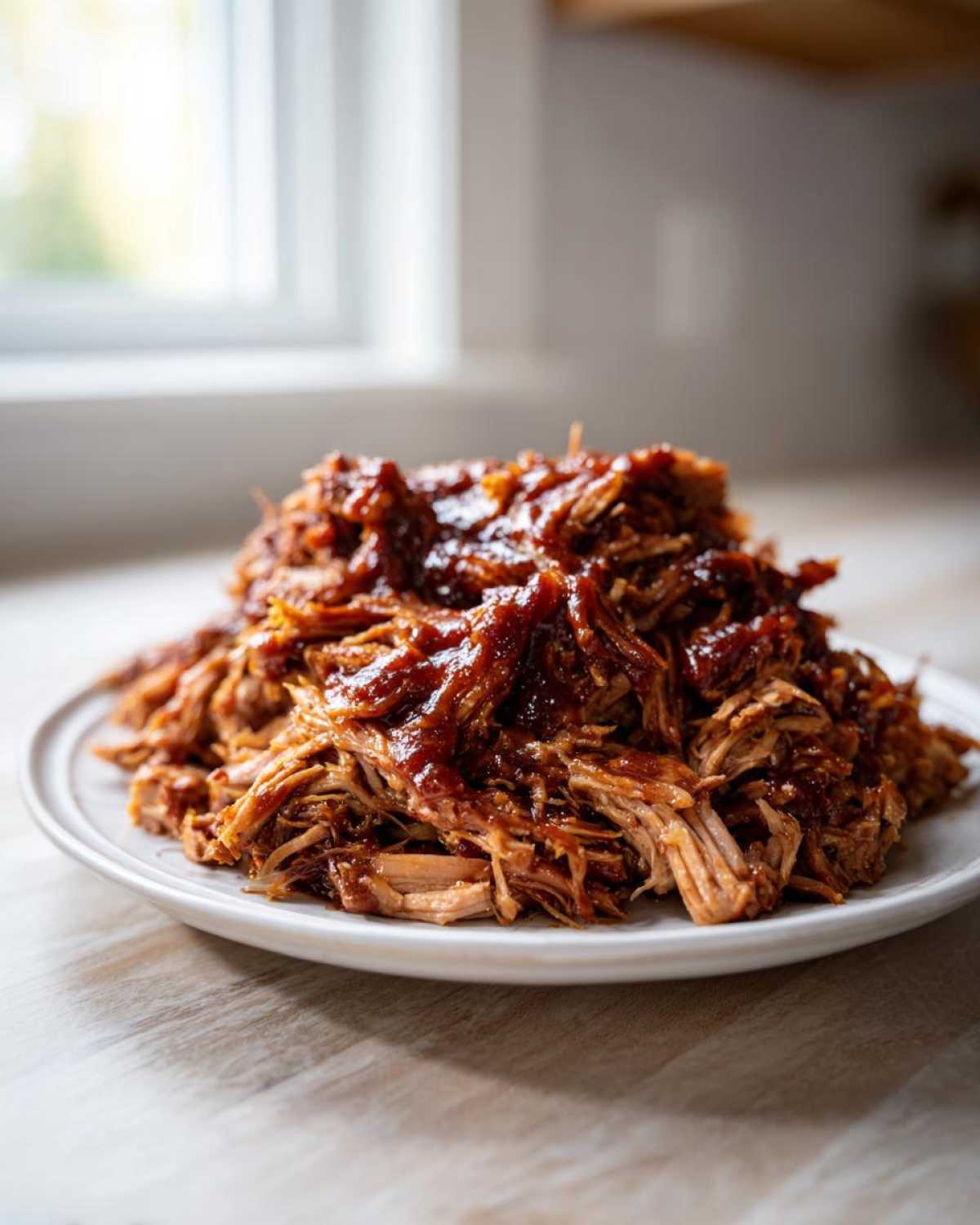 A generous mound of saucy, shredded crock pot pulled pork served on a white plate.