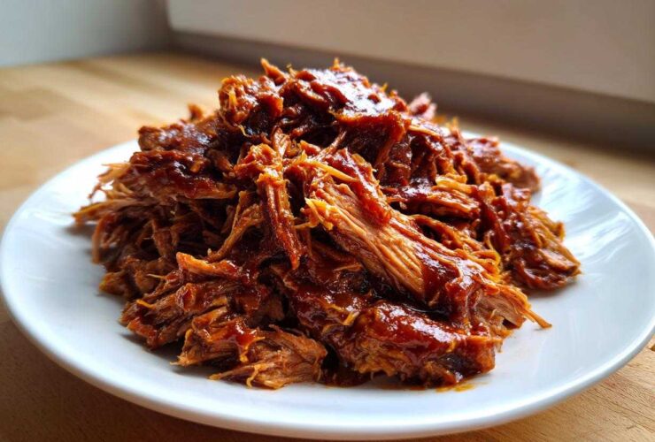 A generous serving of saucy, shredded crock pot pulled pork piled high on a white plate.